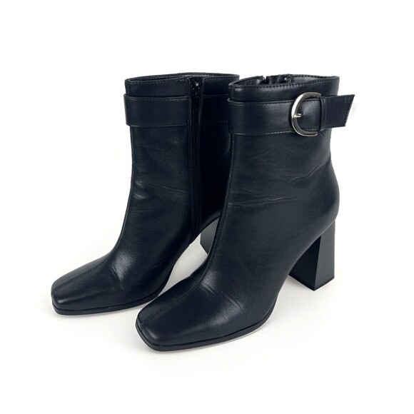 Black Ankle Boots Womens SZ 9 Zip Buckle Block Heels Faux Leather Classy NEW - Picture 6 of 16